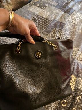 Tory Burch Black Pebbled Leather Tote with Gold Logo Hardware